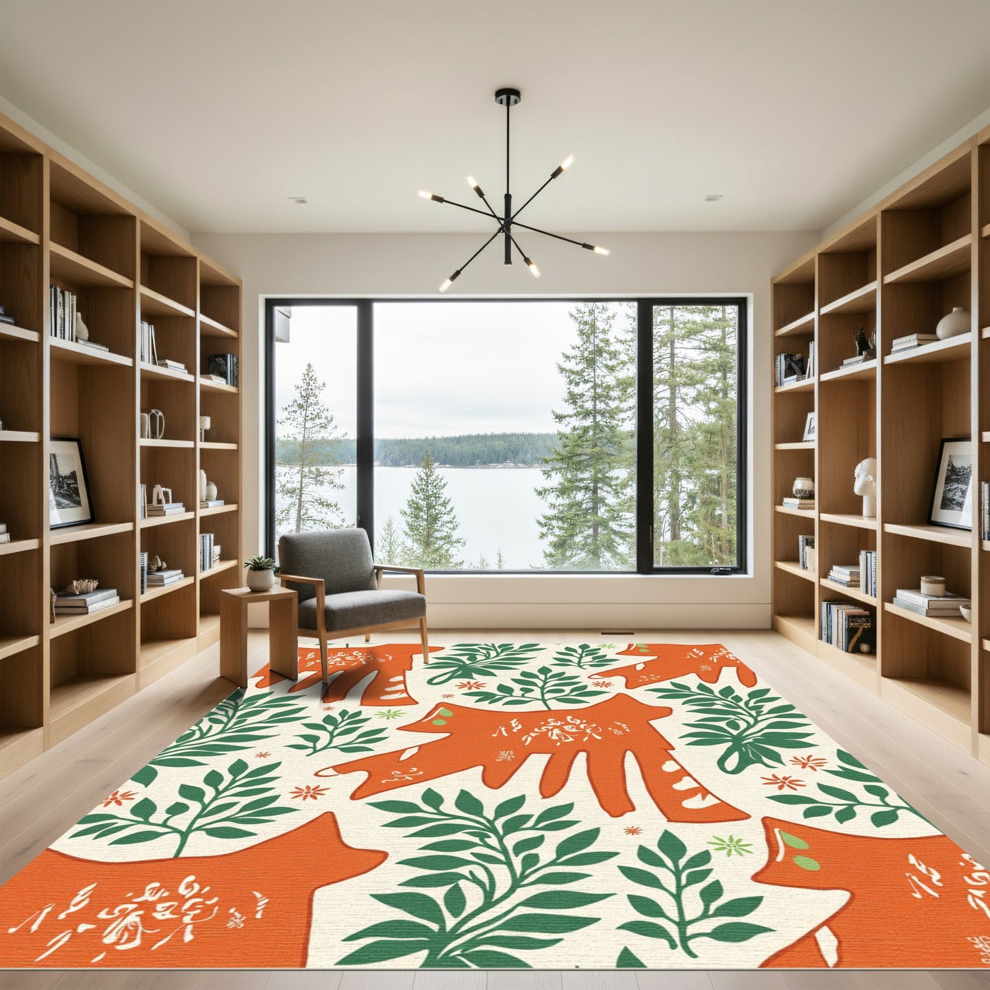 Orange Folk Art Fox Floral Rug