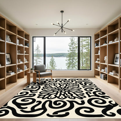 Black White Swirling Abstract Floral Rug