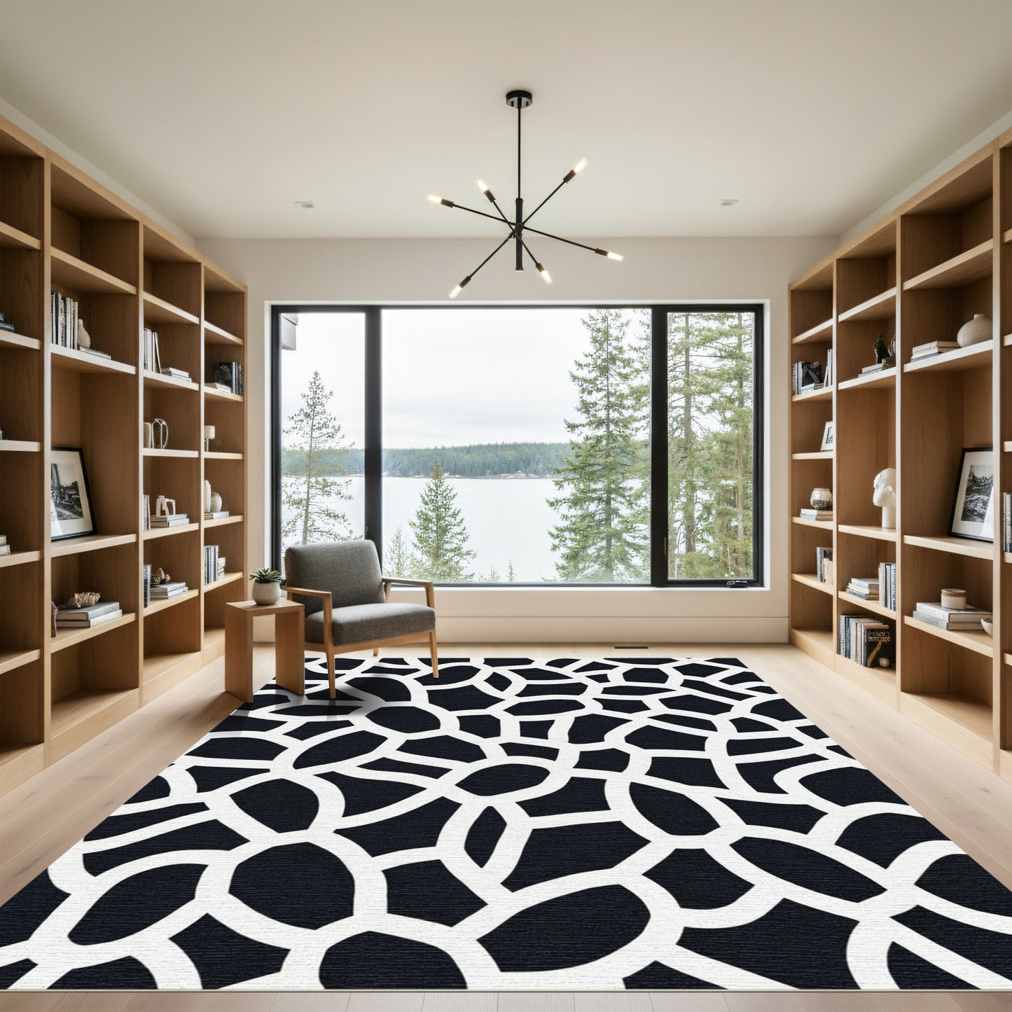 Organic Black White Irregular Network Rug