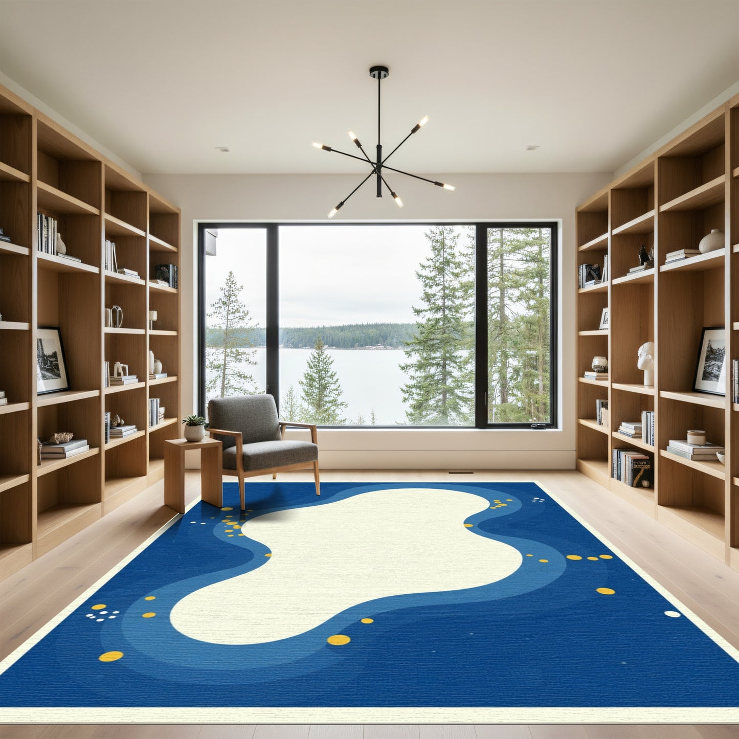 Deep Blue Wavy Gold Dot Abstract Rug