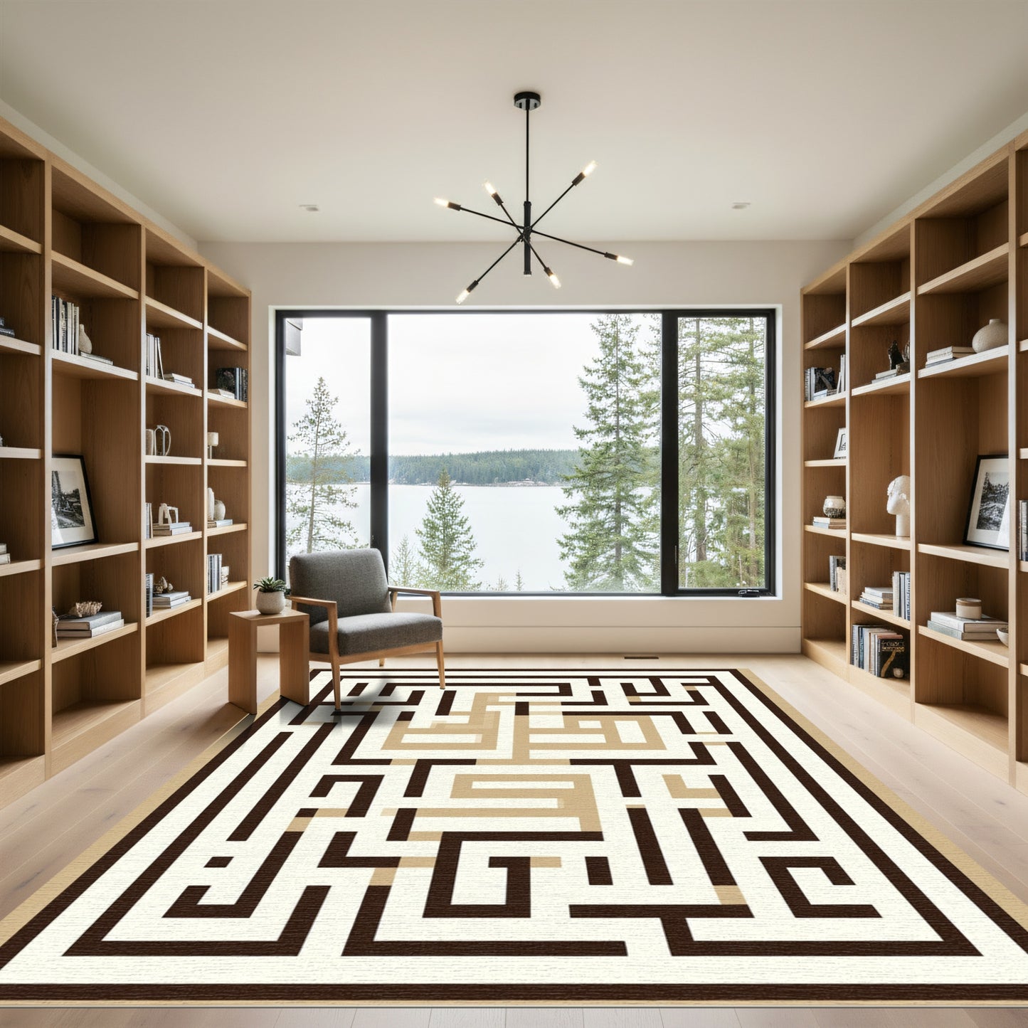 Geometric Brown Maze Labyrinth Rug