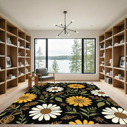 Yellow White Floral Garden Black Background Rug