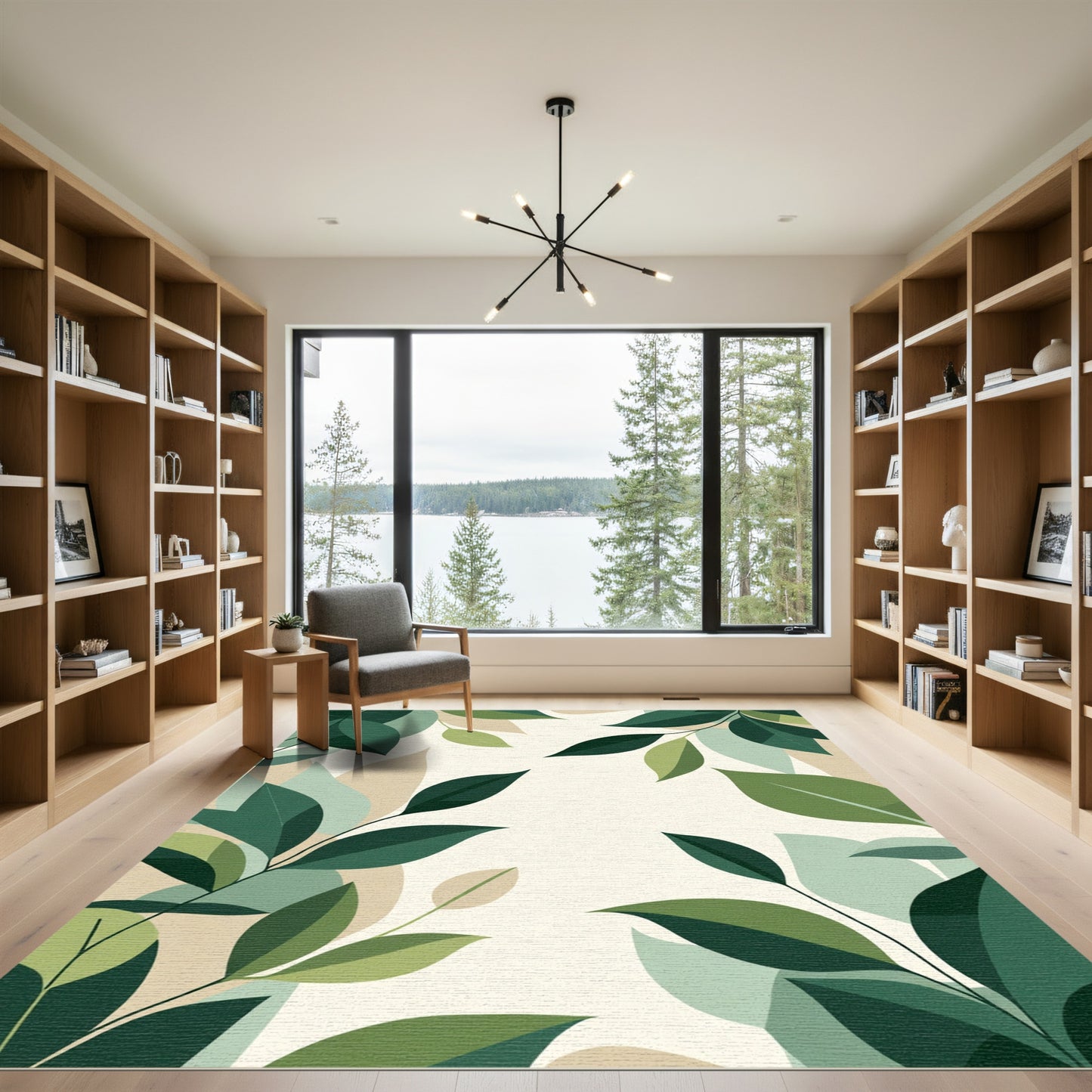 Earthy Green Leaf Branch Collage Rug