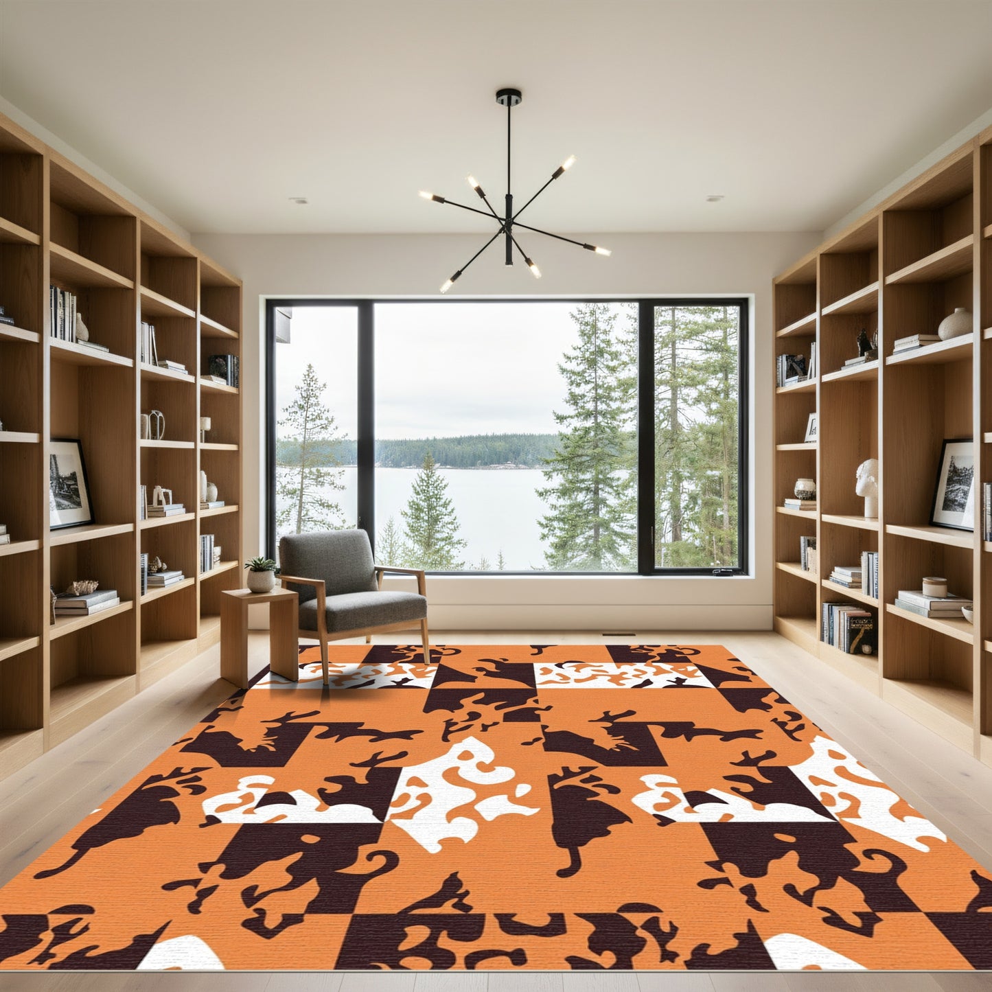 Abstract Orange Black White Camouflage Squares Rug