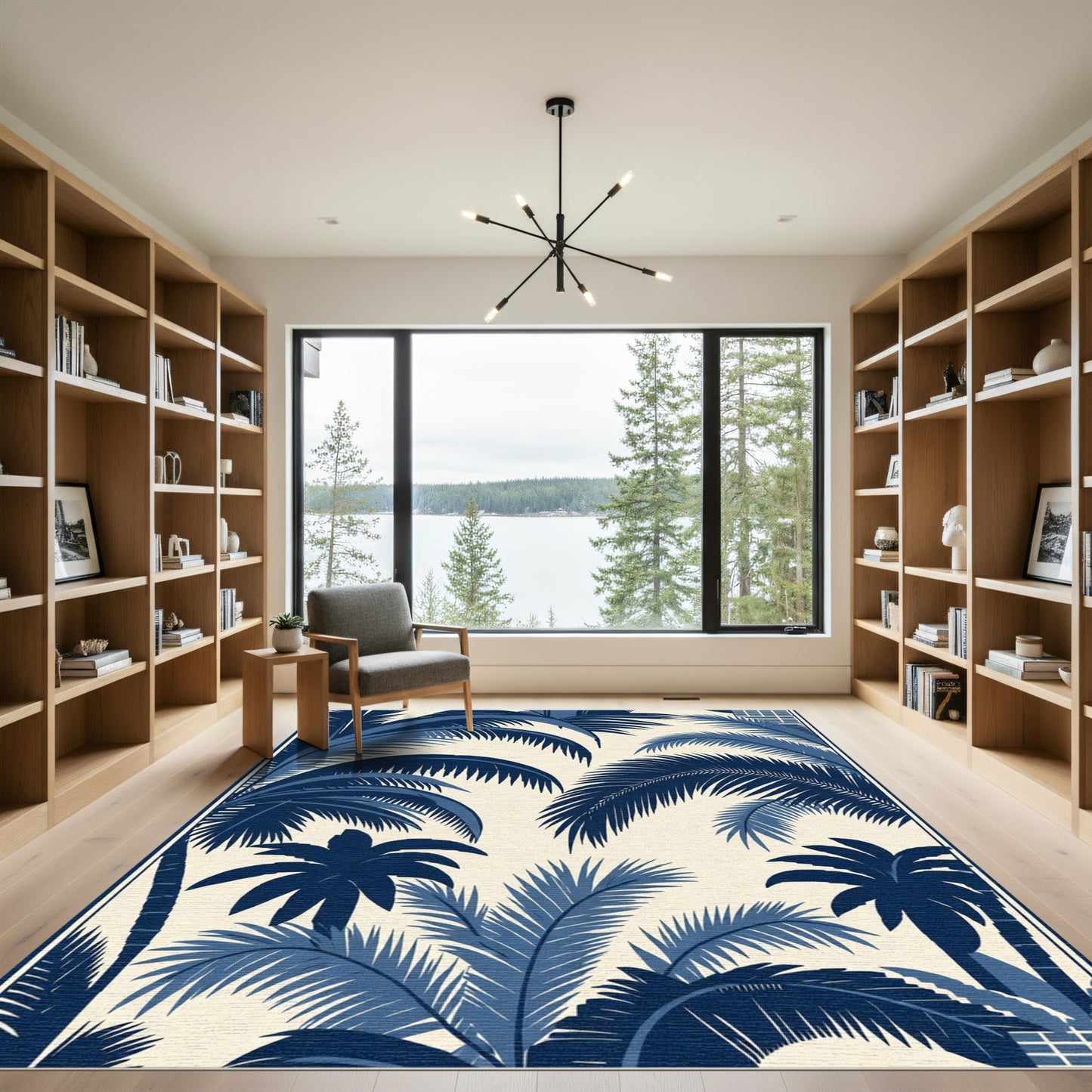 Vibrant Indigo Palm Tree Canopy Rug
