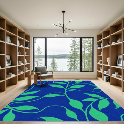 Vibrant Green Leafy Vines Royal Blue Rug