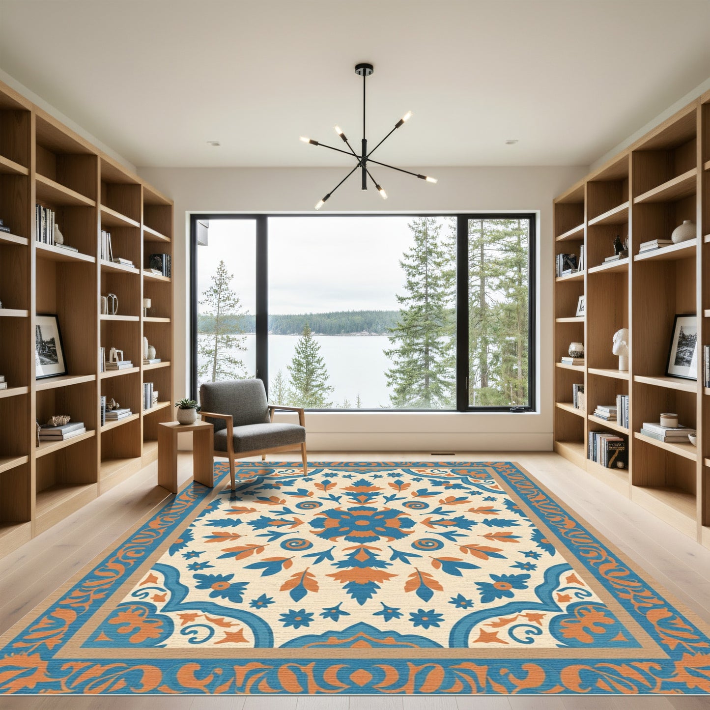 Teal Orange Floral Medallion Border Rug
