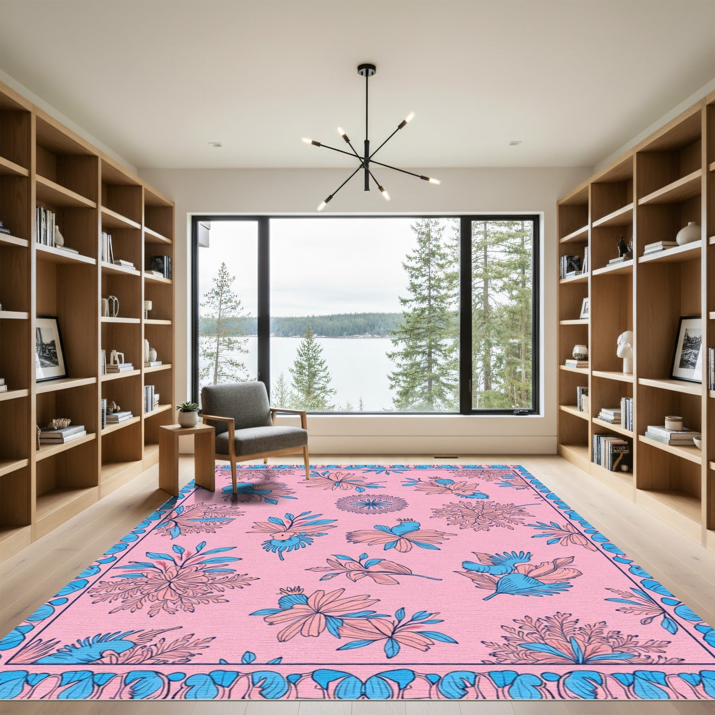 Pink Blue Floral Scatter Arrangement Rug