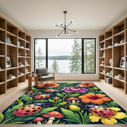 Whimsical Ladybug Floral Garden Rug