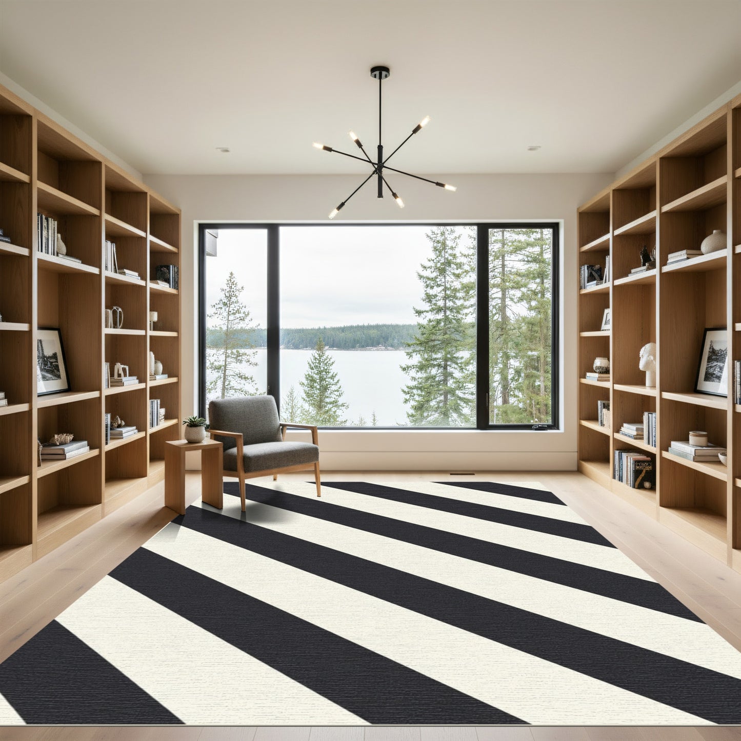 Classic Black Ivory Diagonal Stripes Rug