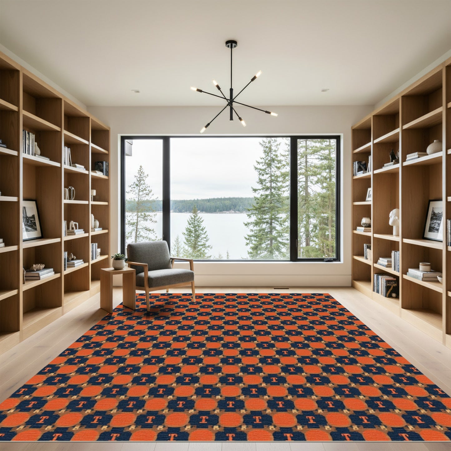 Orange Navy Abstract T Grid Rug