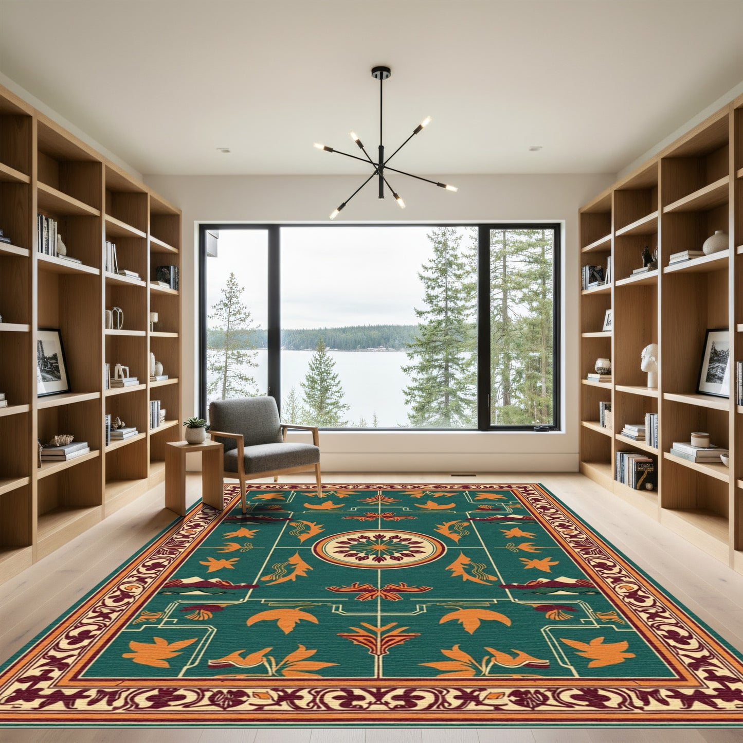 Deep Teal Orange Floral Medallion Mountains Rug