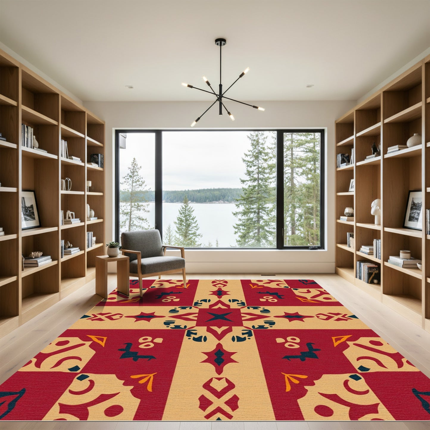 Burgundy Beige Geometric Tile Rug