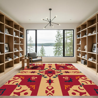 Burgundy Beige Geometric Tile Rug