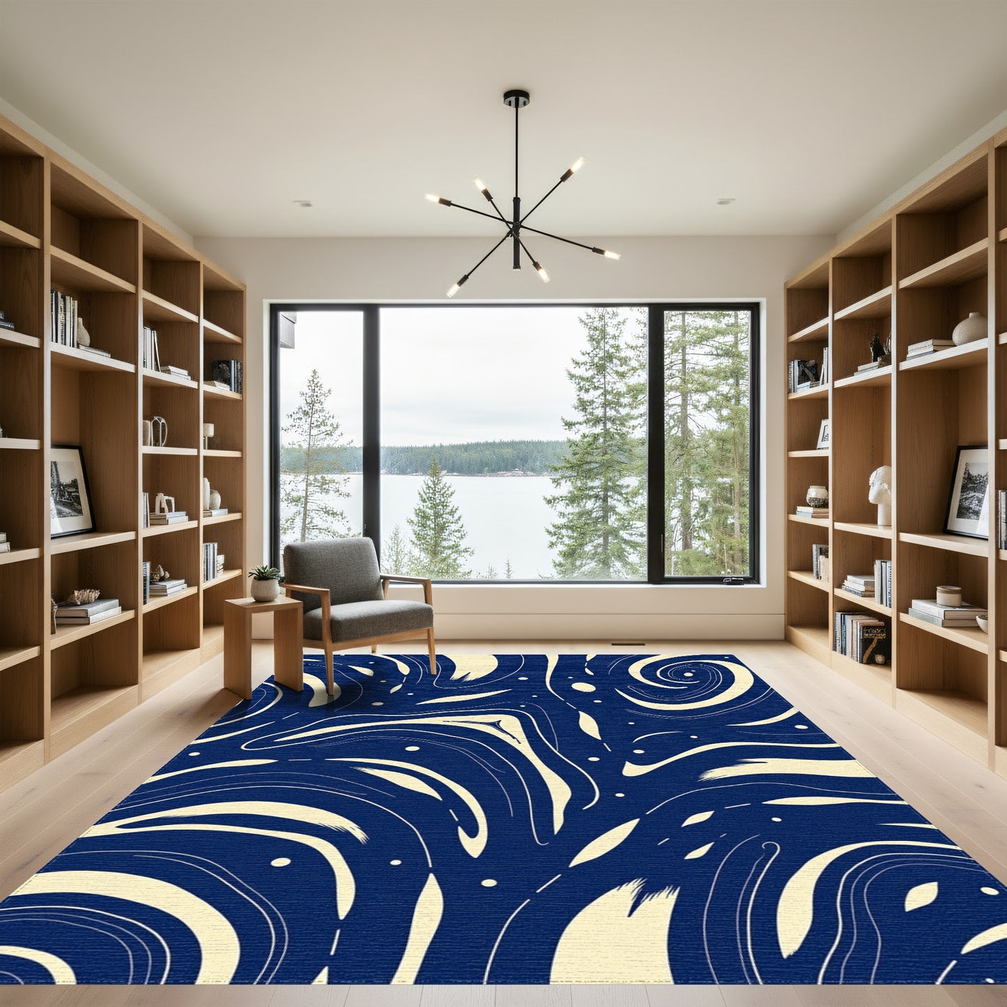 Navy Swirling Cream Waves Rug