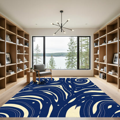 Navy Swirling Cream Waves Rug