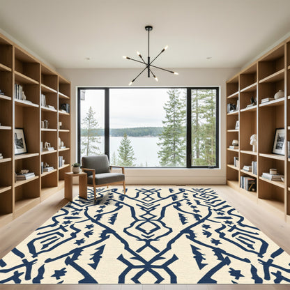 Cream Navy Abstract Ethnic Diamond Rug