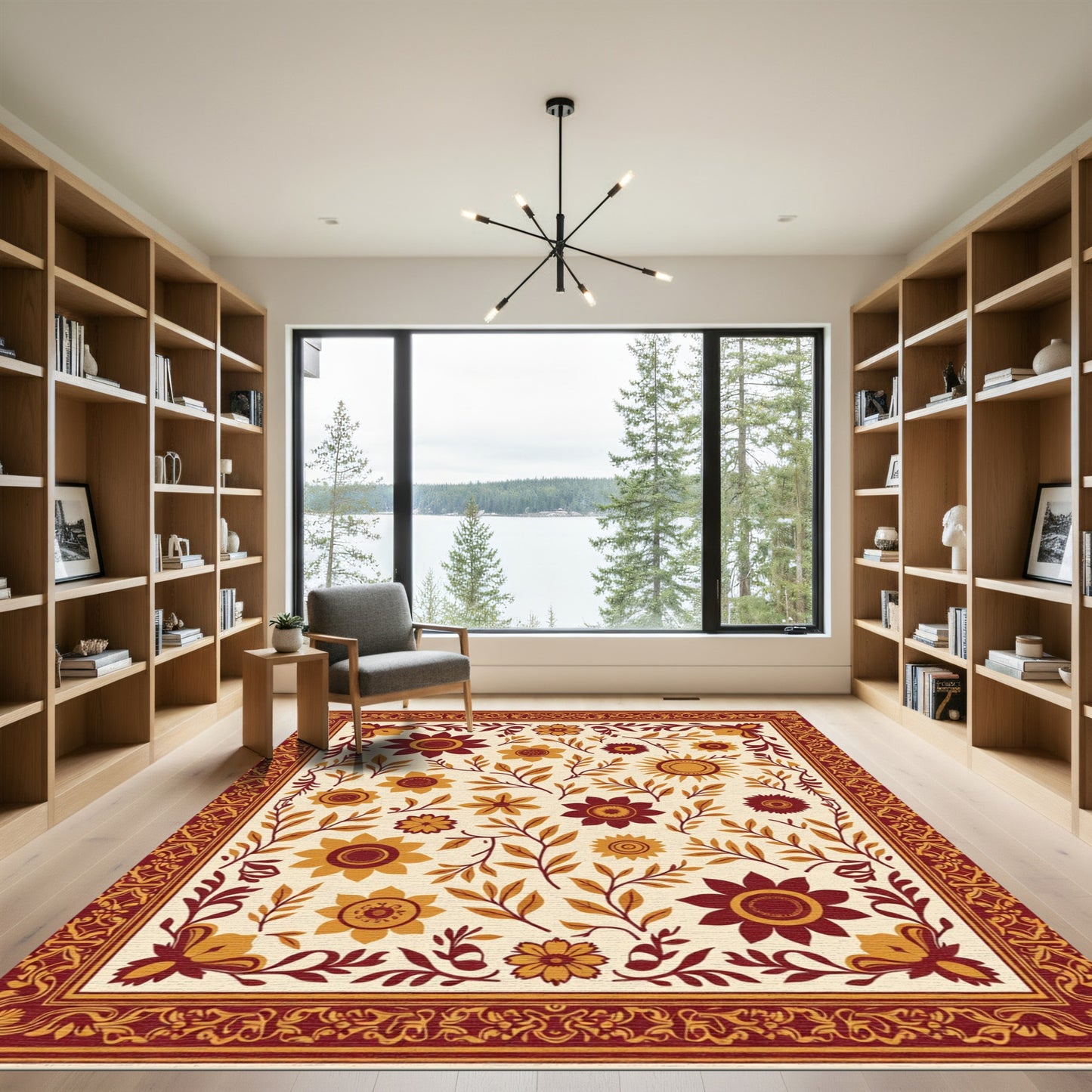 Rustic Scarlet Golden Floral Sunburst Rug