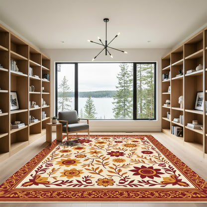 Rustic Scarlet Golden Floral Sunburst Rug
