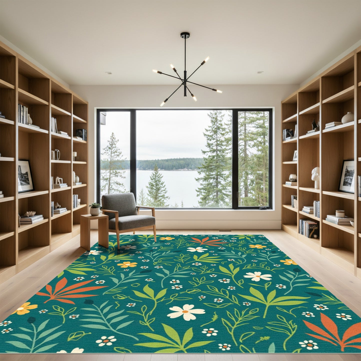 Teal Floral Leaf Garden Rug