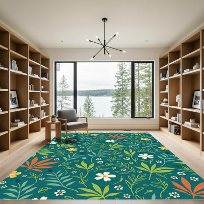 Teal Floral Leaf Garden Rug