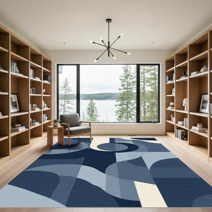 Deep Blue Abstract Curve Composition Rug