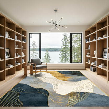 Abstract Gold Navy Wave Rug