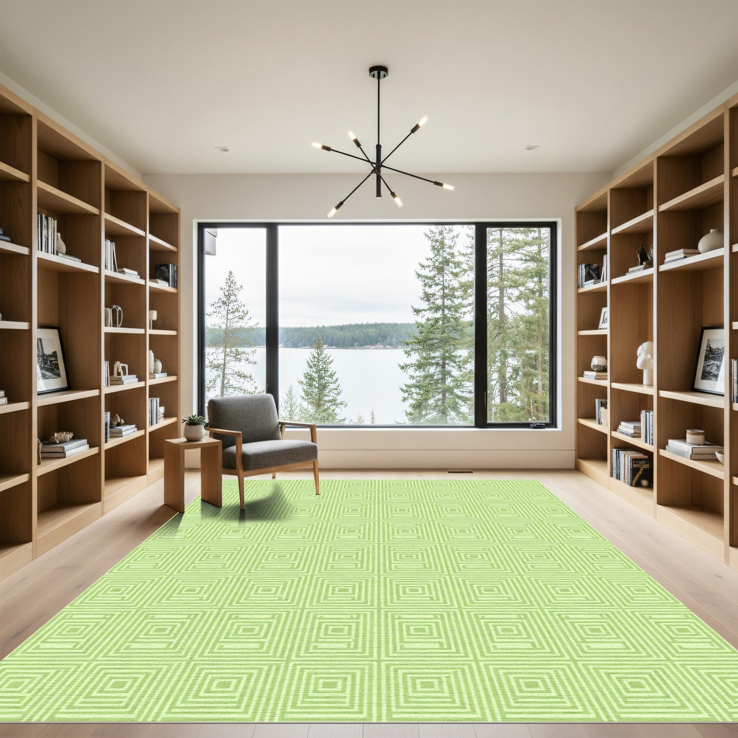Pale Green Concentric Square Grid Rug