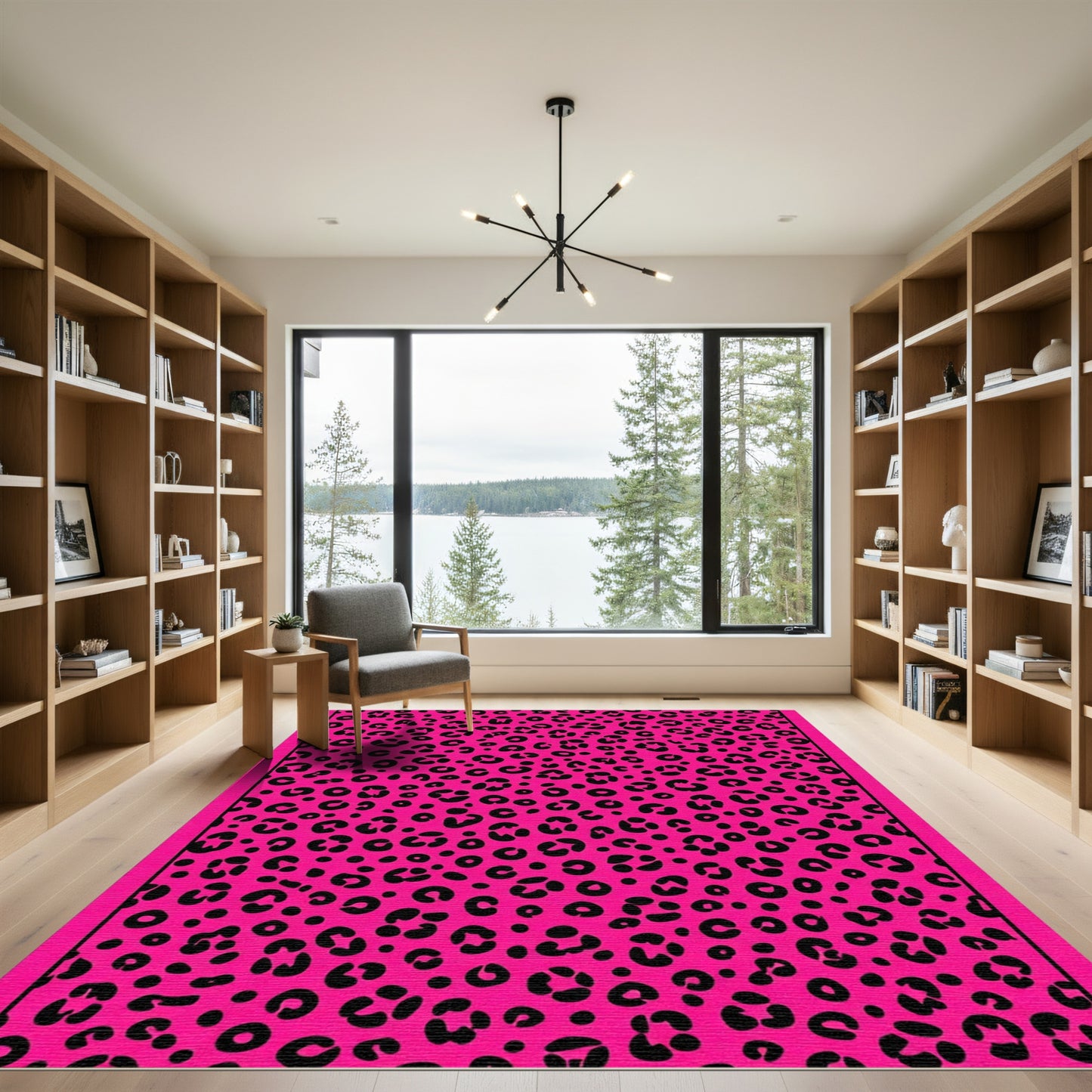 Vibrant Pink Black Leopard Spots Rug