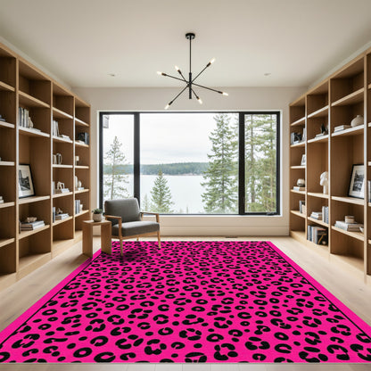 Vibrant Pink Black Leopard Spots Rug