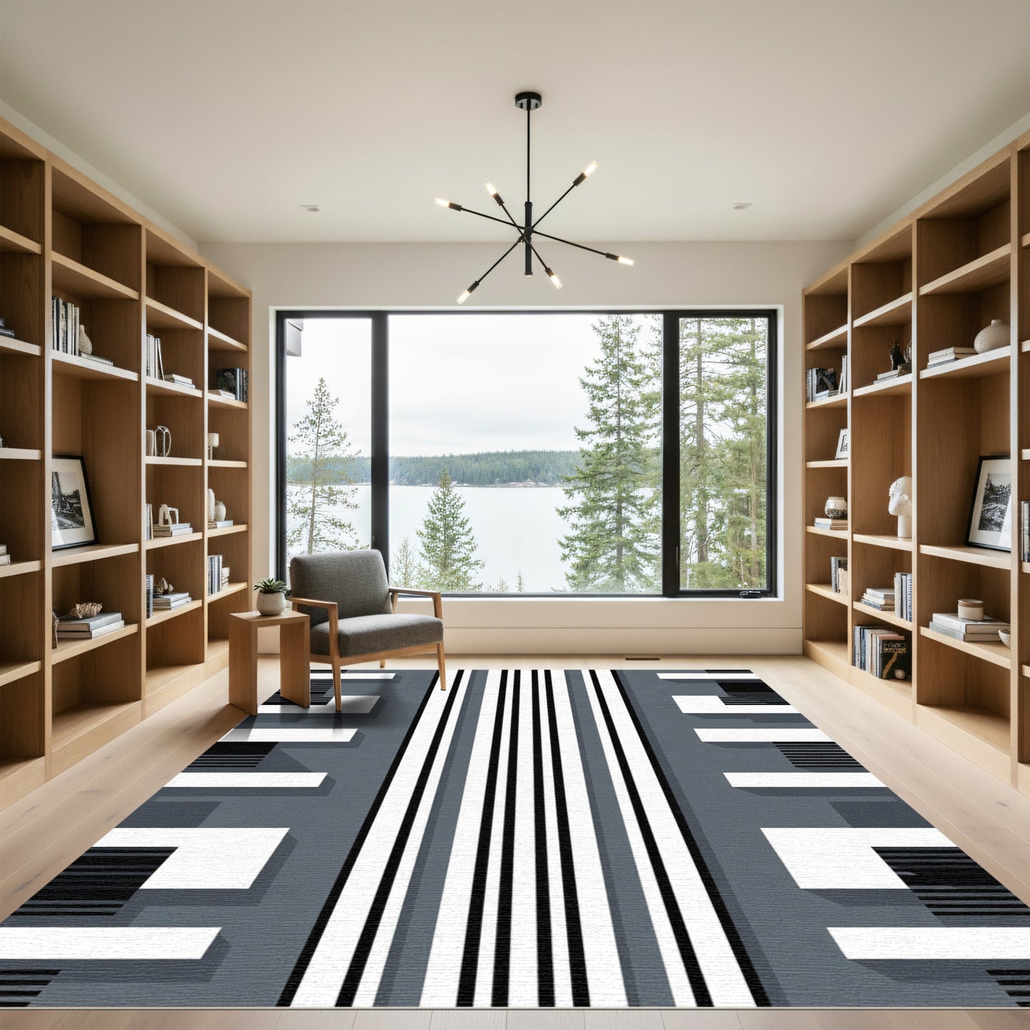 Modern Gray White Stripe Geometric Rug