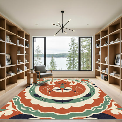 Terracotta Green Cream Folk Round Rug