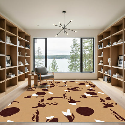 Brown White Abstract Organic Shapes Rug