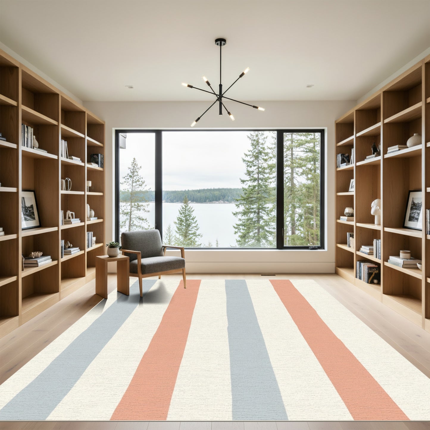 Coral Blue Cream Vertical Stripe Rug