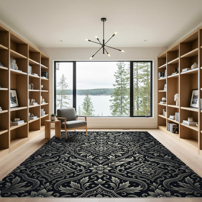 Classic Black Ivory Floral Medallion Rug