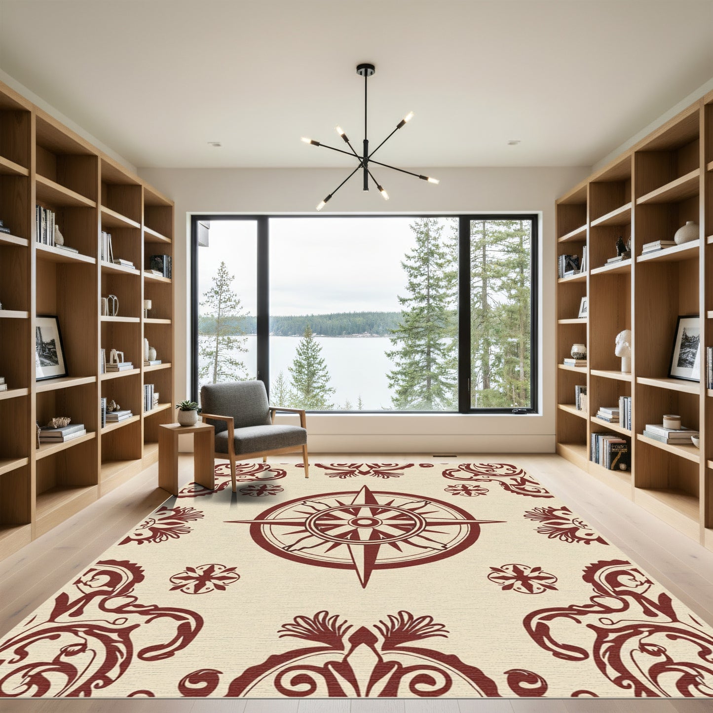Maroon Compass Rose Floral Accents Rug