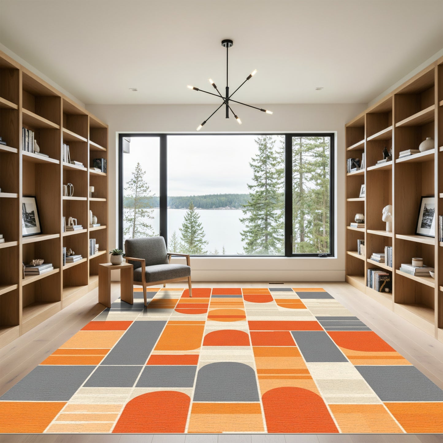 Orange Gray Geometric Blocks Arc Rug