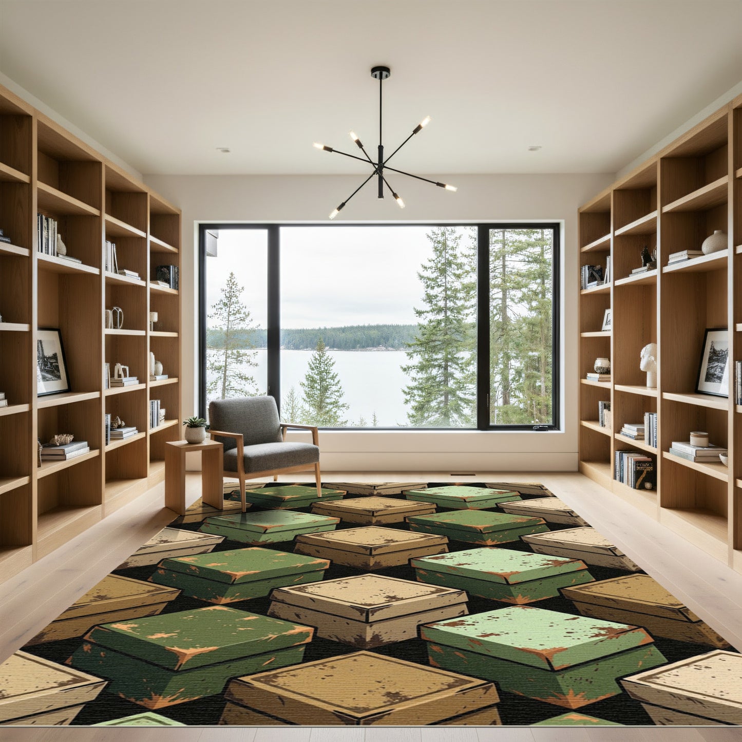 Weathered Green Tan Cubes Rug