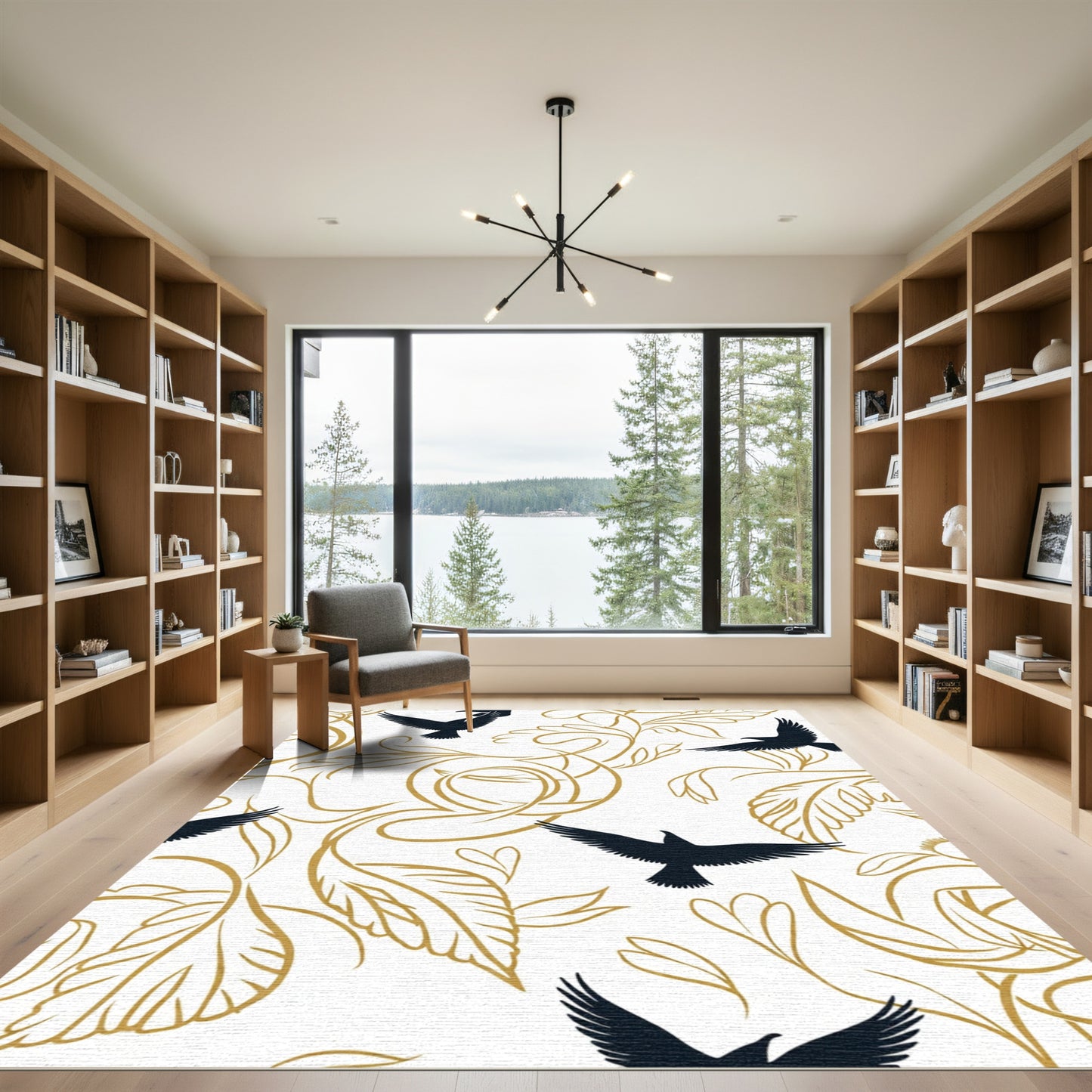 Black Birds Gold Vine Swirl Rug