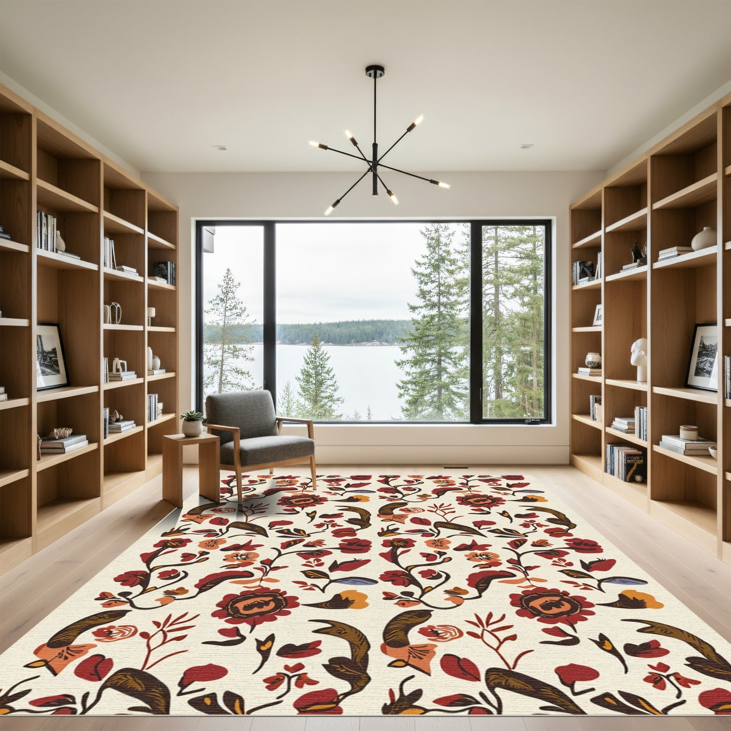 Terracotta Red Floral Vine Botanical Rug