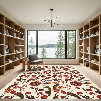 Terracotta Red Floral Vine Botanical Rug