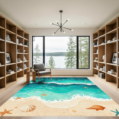 Teal Starry Waves Seashell Starfish Rug