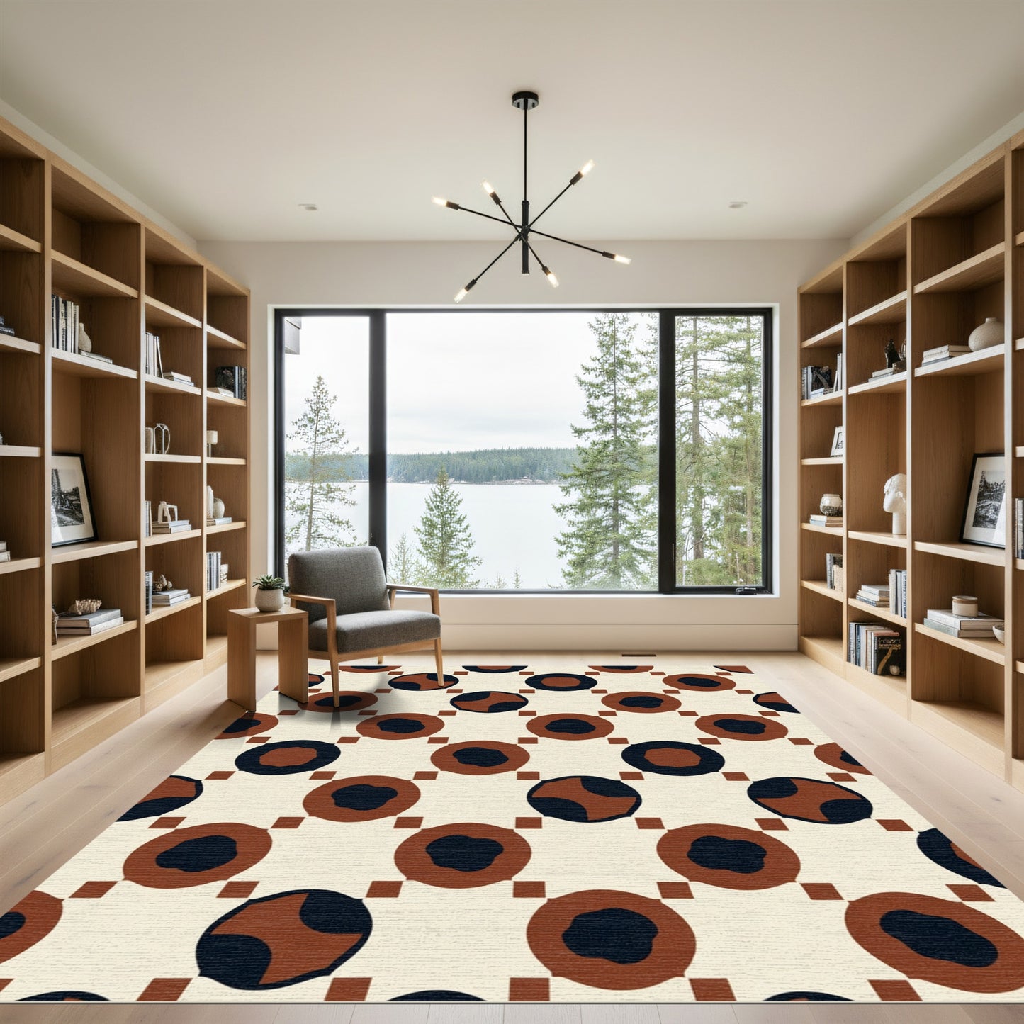 Brown Black Circles Squared Tiles Rug