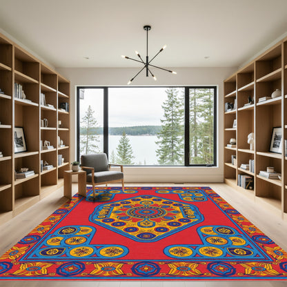 Crimson Blue Yellow Medallion Border Rug