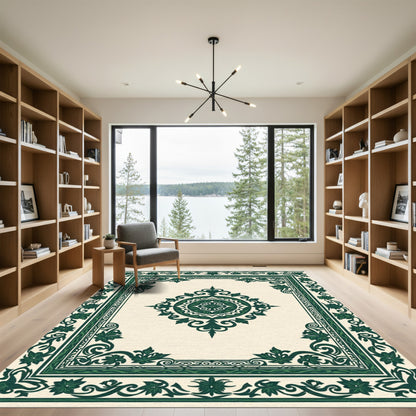 Ornate Forest Green Floral Medallion Rug