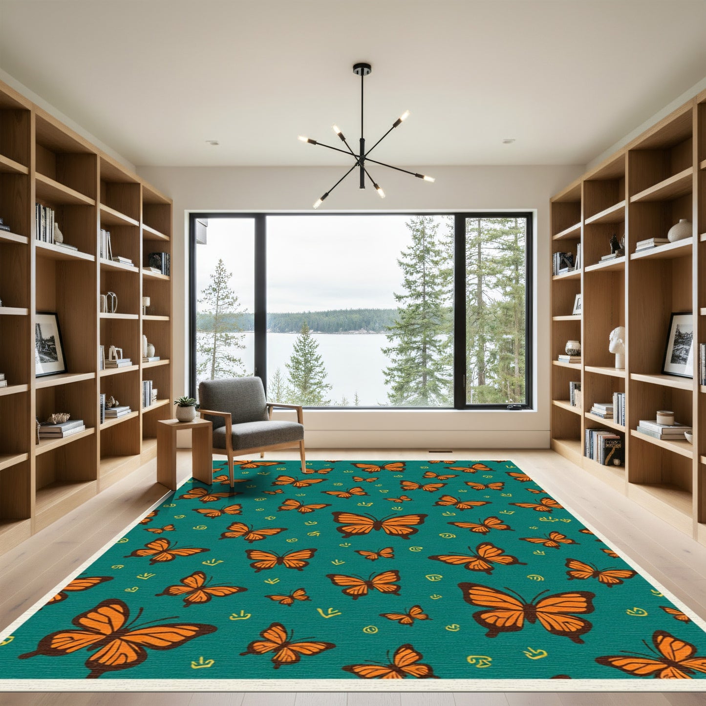 Orange Butterfly Whimsical Teal Pattern Rug