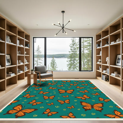 Orange Butterfly Whimsical Teal Pattern Rug