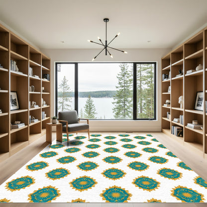 Teal Golden Floral Radial Arrangement Rug