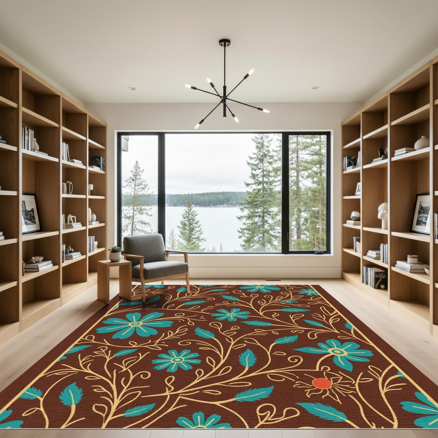 Brown Teal Floral Vine Flourish Rug