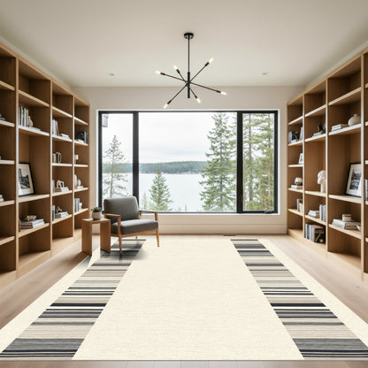 Modern Black Taupe Striped Border Rug
